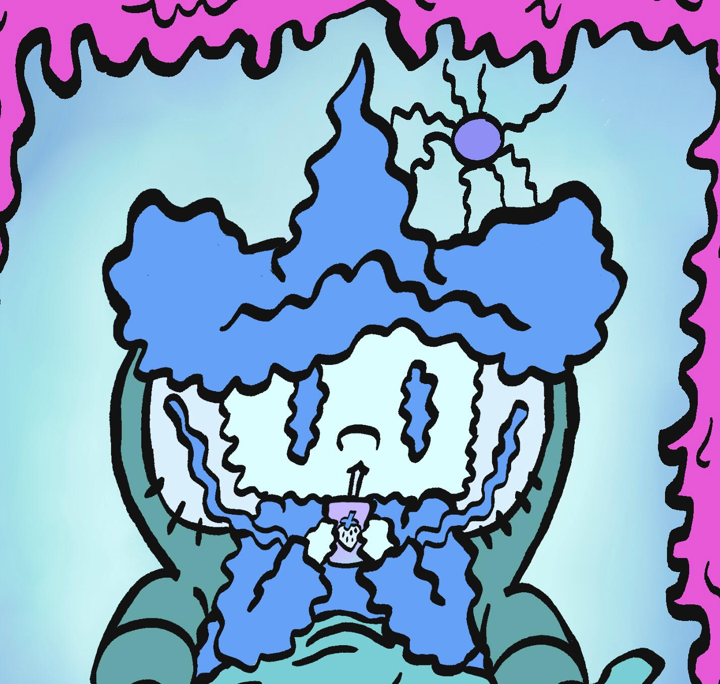a blue wizard shivers while sipping a strawberry juice box. a spider shivers on the wizard's pointy hat